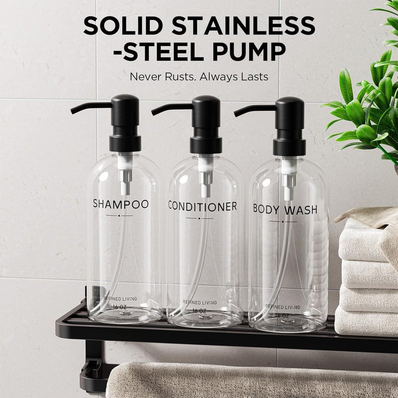 Aeakey Shampoo and Conditioner Dispenser Set,3 Refillable 16oz Bottles with Stainless Steel Pumps – Shower Soap Dispensers for Bathroom, Hotel or Airbnb (Transparent, 3-Pack) - Image 4